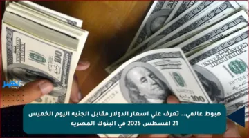 هبوط عالمي.. تعرف على أسعار الدولار مقابل الجنيه اليوم الخميس 21 أغسطس 2025 في البنوك المصرية